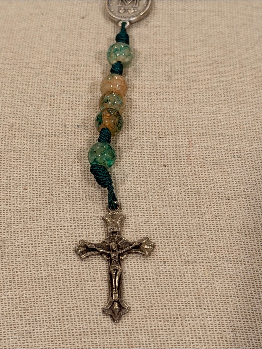 handcrafted Catholic rosary green & brown Indian agate beads, Miraculous Medal - Picture 7 of 7